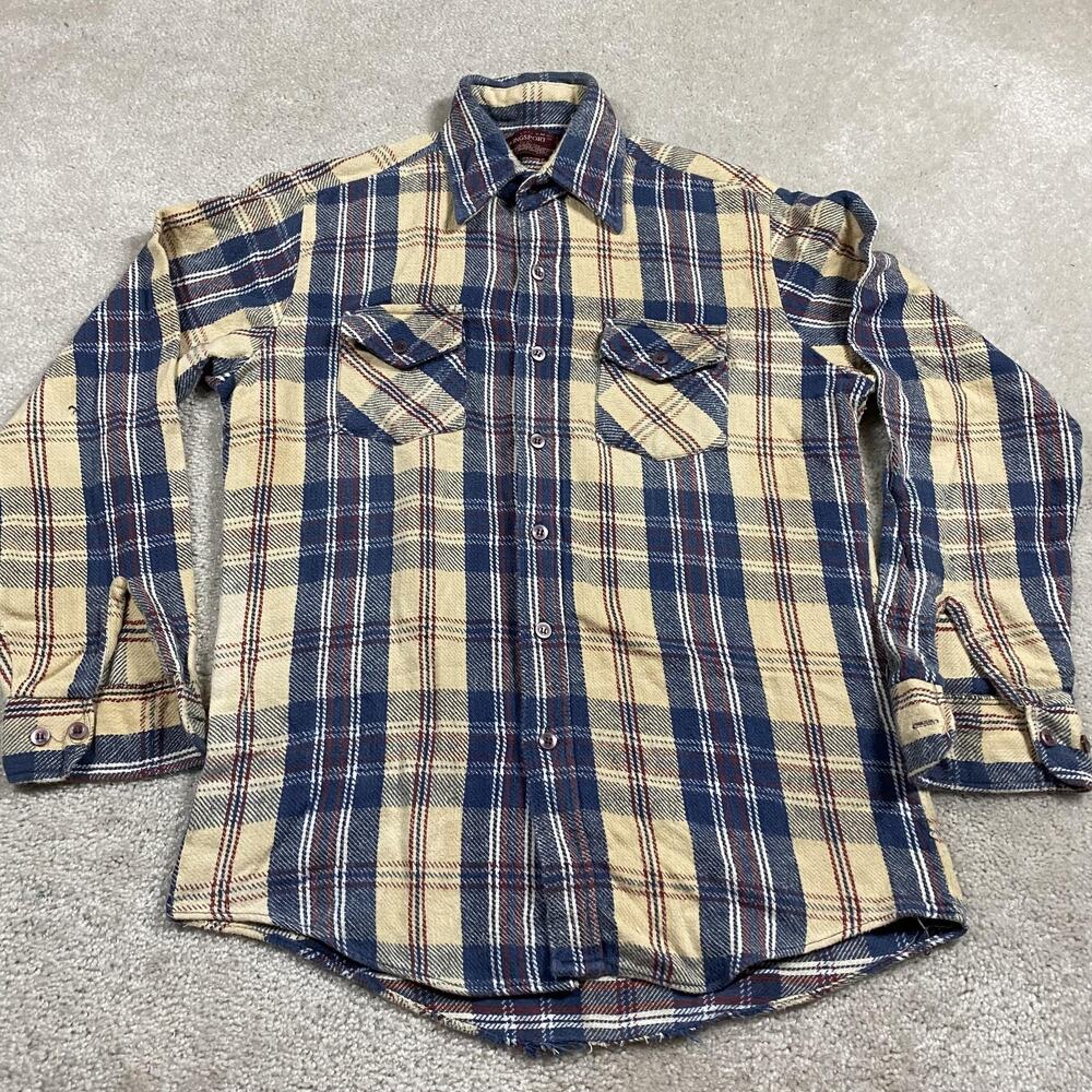VTG 70s Kingsport Flannel Mens M Blue Yellow Plaid Workwear Retro Western Shirt